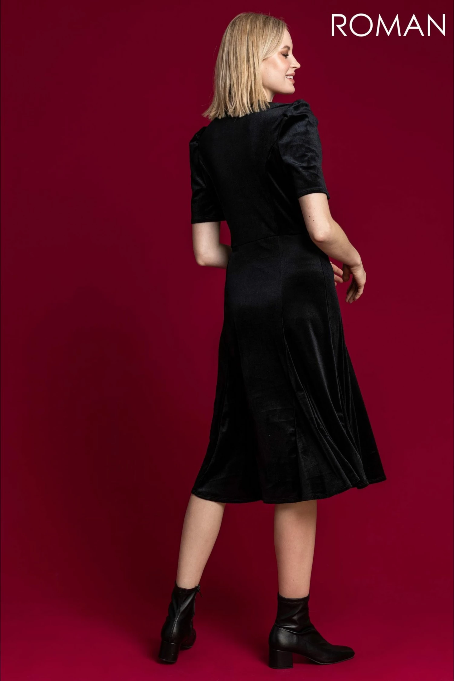 Roman Black Velvet Button Detail Midi Dress 4 Roman Black Velvet Button Detail Midi Dress - Image 2