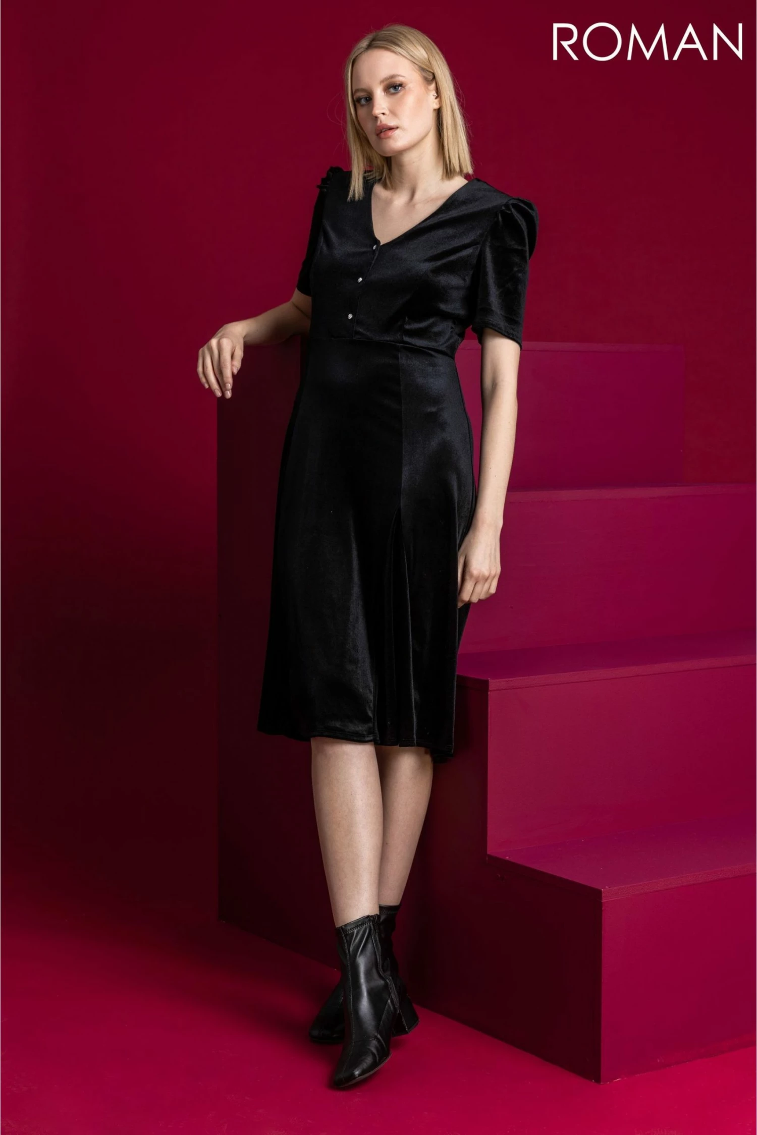 Roman Black Velvet Button Detail Midi Dress 5 Roman Black Velvet Button Detail Midi Dress - Image 3