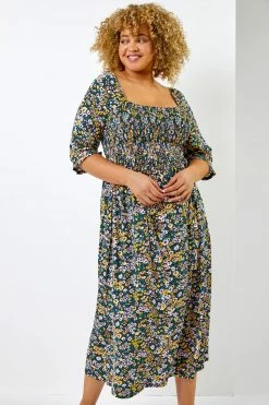 Roman Black Curve Ditsy Floral Shirred Maxi Dress