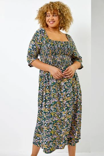 Roman Black Curve Ditsy Floral Shirred Maxi Dress 7 Roman Black Curve Ditsy Floral Shirred Maxi Dress - Image 5