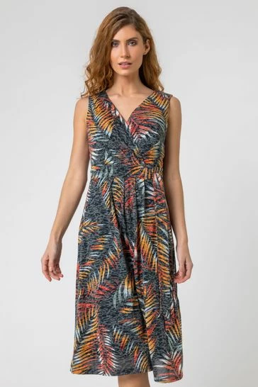 Roman Black Tropical Leaf Burnout Mock Wrap Dress 7 Roman Black Tropical Leaf Burnout Mock Wrap Dress - Image 5