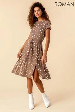 Roman Brown Tie Waist Spot Print Dress -Roman Sales Shop unnamed file 2711