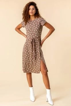 Roman Brown Tie Waist Spot Print Dress -Roman Sales Shop unnamed file 2713