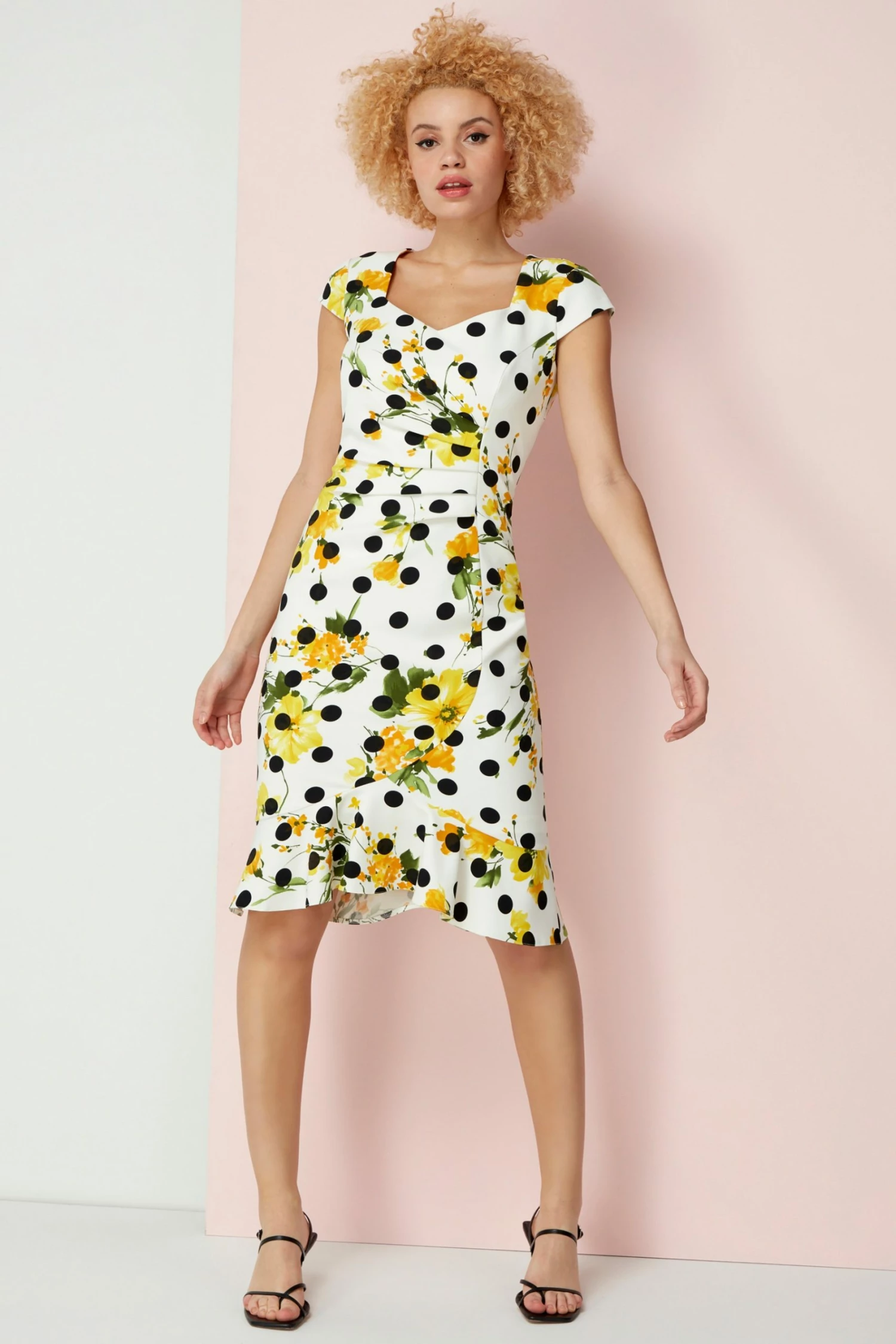 Roman Yellow Floral Spot Fluted Fitted Scuba Dress 3 Roman Yellow Floral Spot Fluted Fitted Scuba Dress