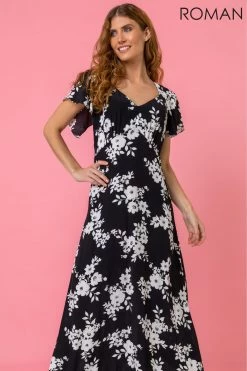 Roman Black Floral Print Back Detail Maxi Dress