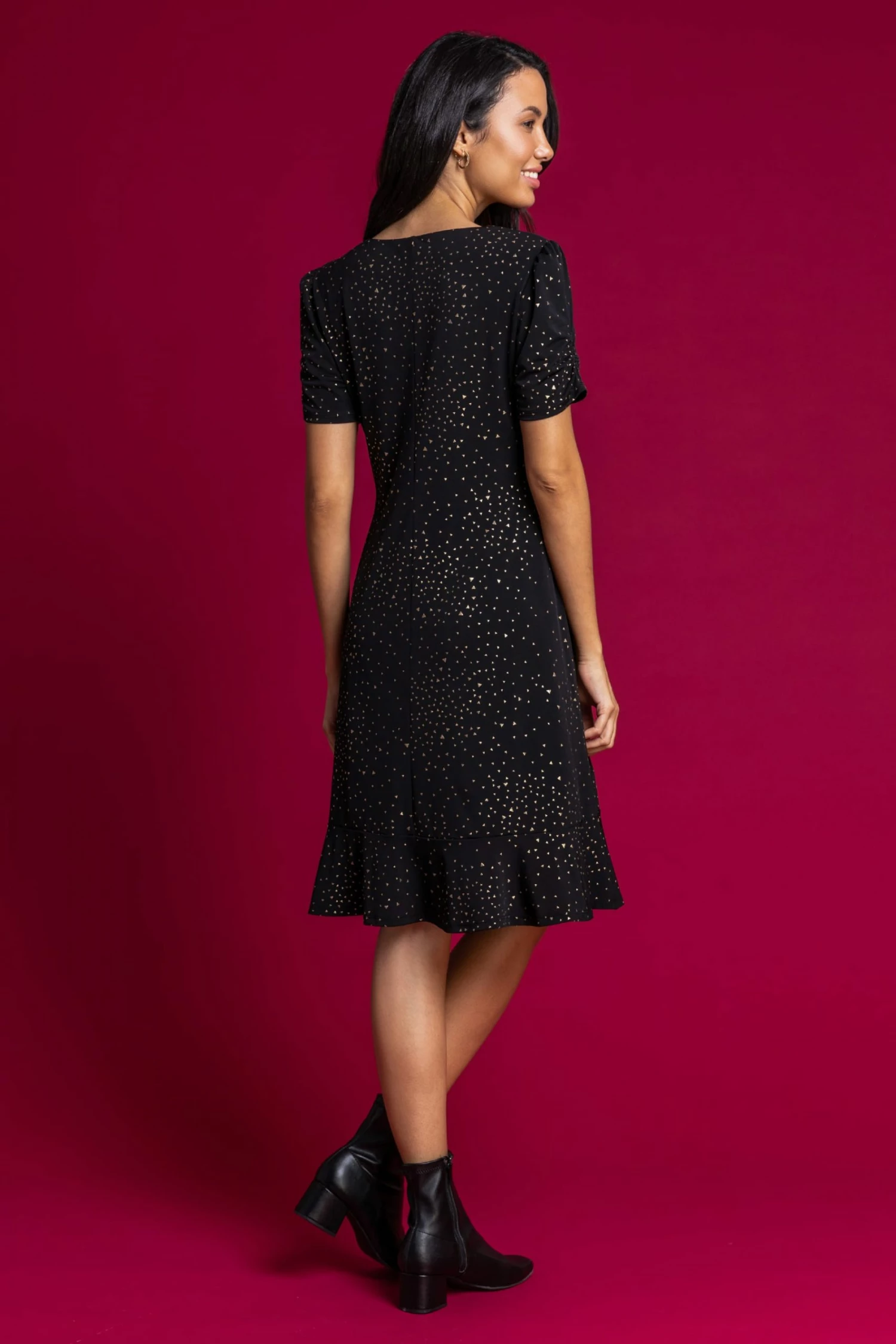 Roman Black Foil Print Frill Hem Tea Dress 4 Roman Black Foil Print Frill Hem Tea Dress - Image 2