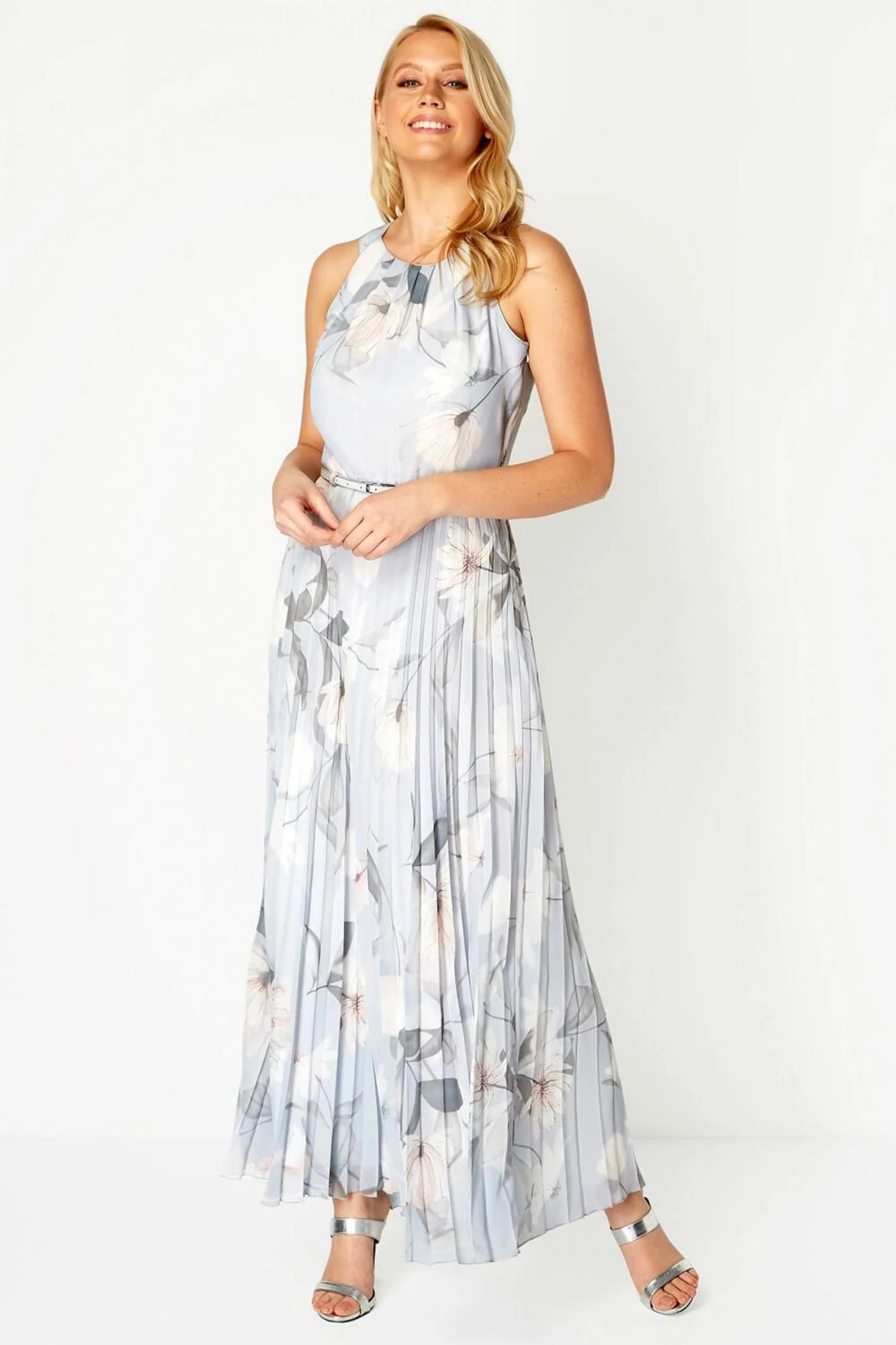 Roman Grey Lace Top Overlay Pleated Midi Dress 4 Roman Grey Lace Top Overlay Pleated Midi Dress - Image 2