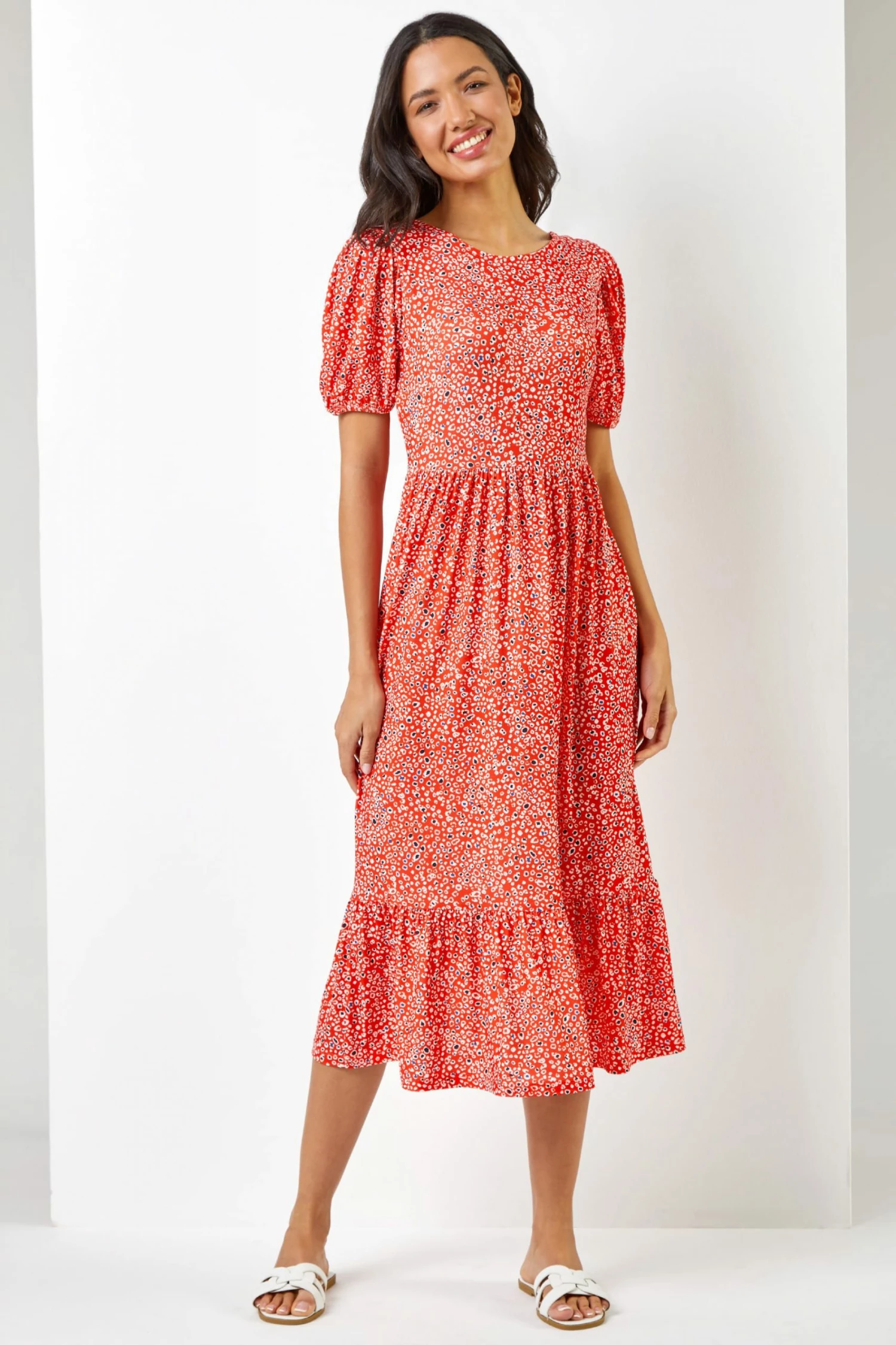 Roman Red Ditsy Animal Frill Hem Midi Dress 5 Roman Red Ditsy Animal Frill Hem Midi Dress - Image 3