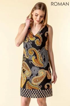 Roman Black Paisley Border Print Shift Dress
