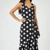 Roman Black Spot Print Frill Hem Midi Dress