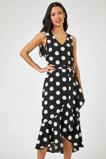 Roman Black Spot Print Frill Hem Midi Dress 8 Roman Black Spot Print Frill Hem Midi Dress - Image 6