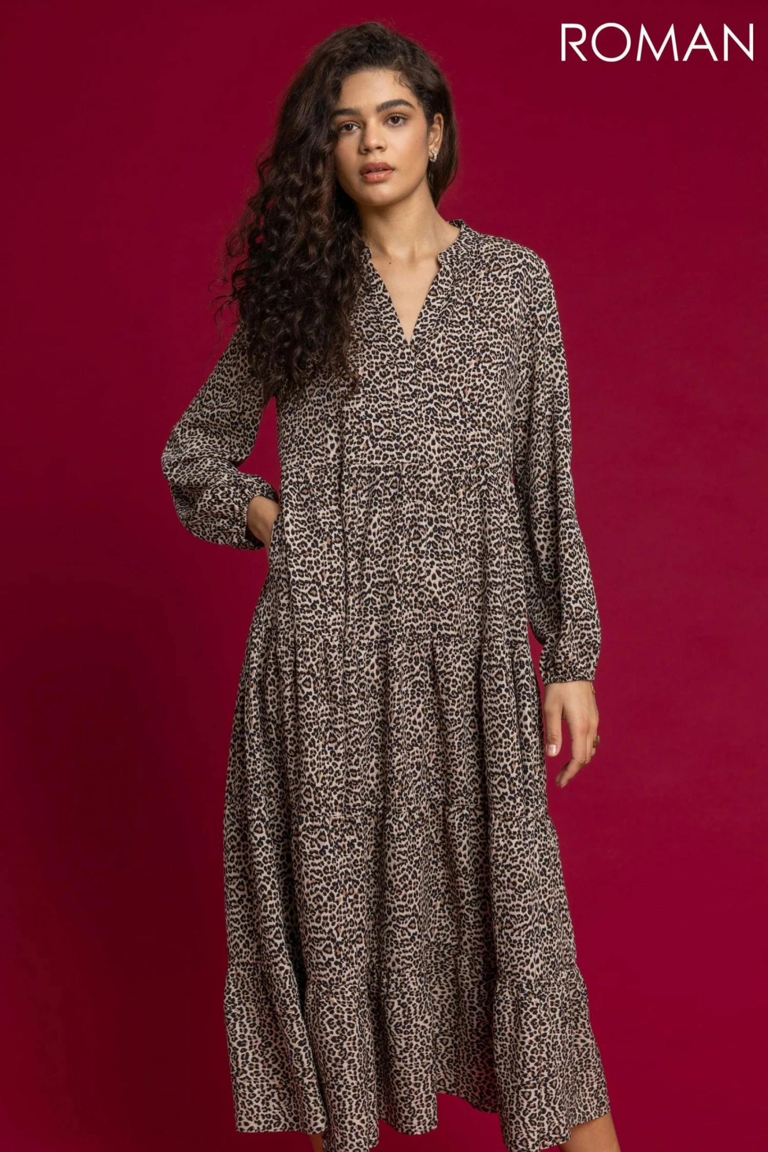 Roman Brown Animal Print Tiered Maxi Dress 3 Roman Brown Animal Print Tiered Maxi Dress