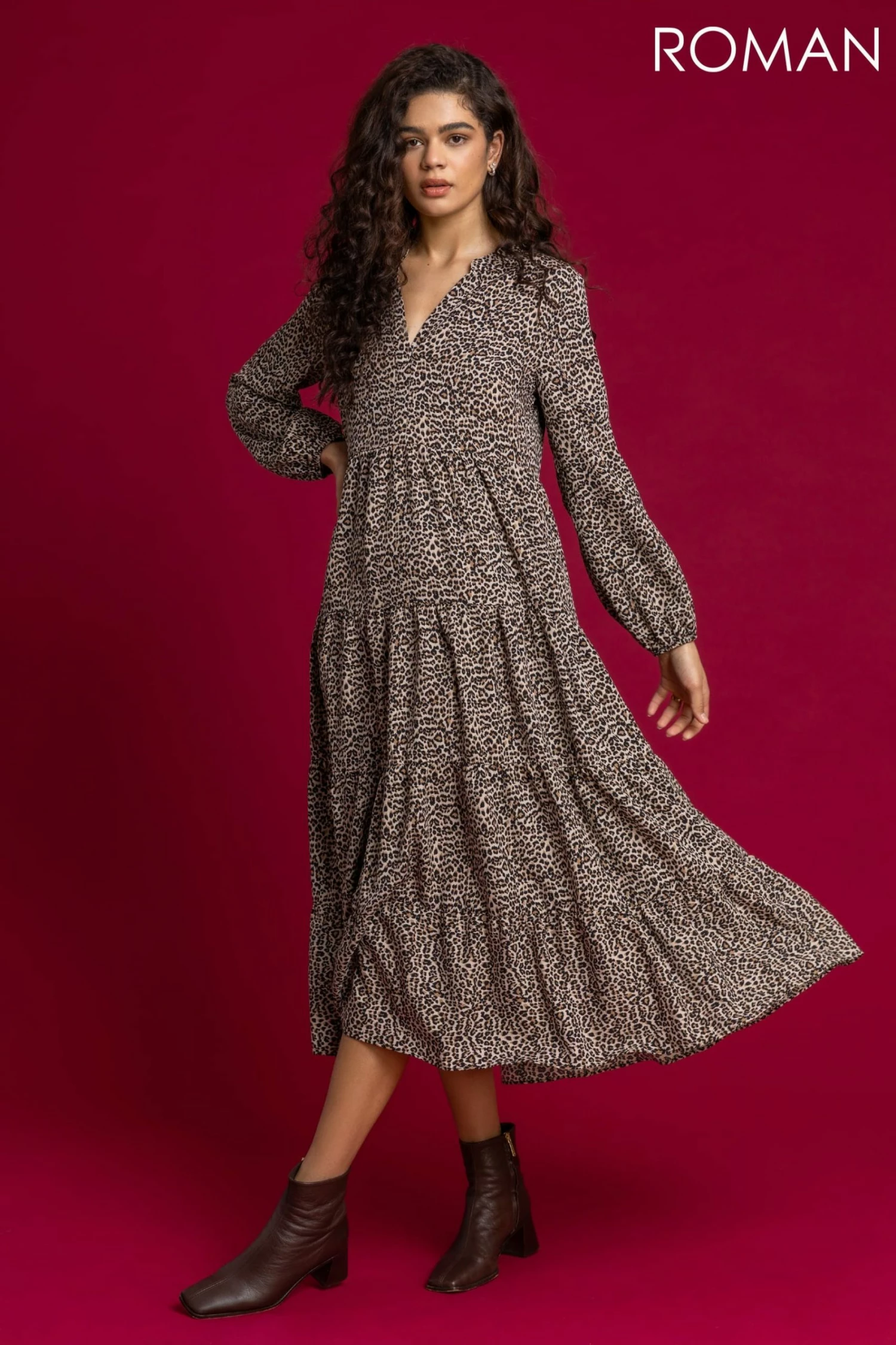 Roman Brown Animal Print Tiered Maxi Dress 4 Roman Brown Animal Print Tiered Maxi Dress - Image 2
