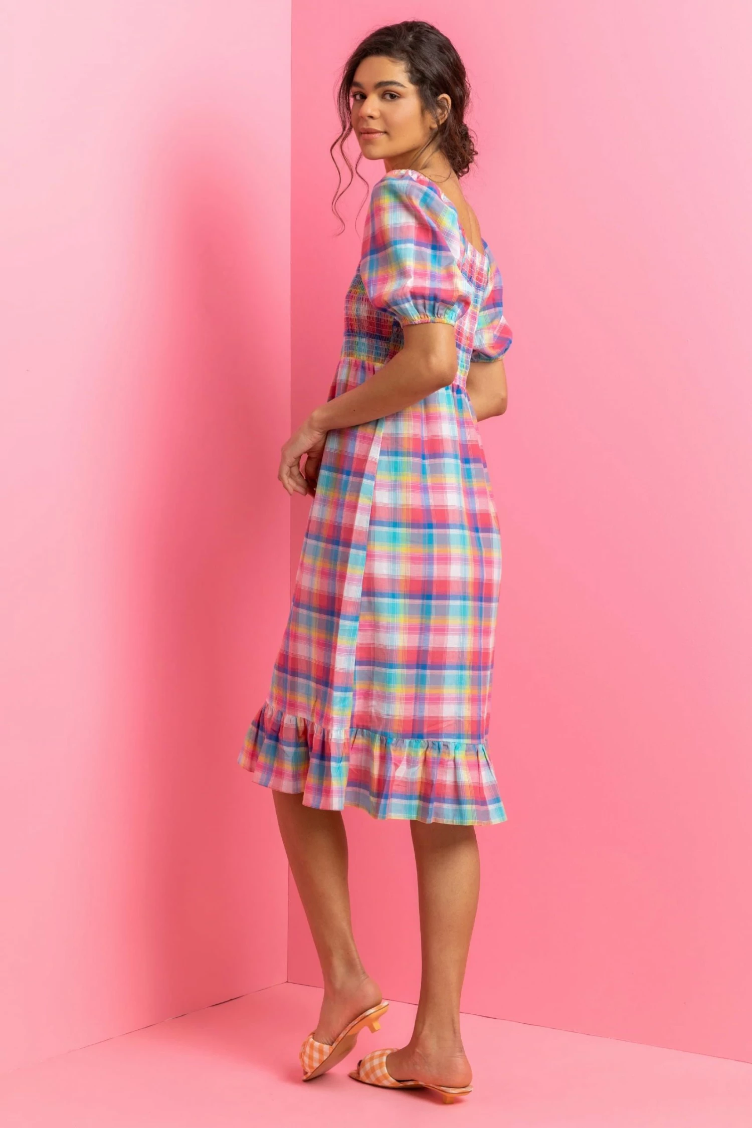 Roman Red Check Print Puff Sleeve Midi Dress 4 Roman Red Check Print Puff Sleeve Midi Dress - Image 2