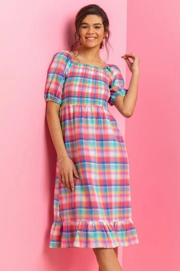 Roman Red Check Print Puff Sleeve Midi Dress 7 Roman Red Check Print Puff Sleeve Midi Dress - Image 5