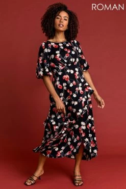 Roman Black Floral Print Chiffon Midi Dress