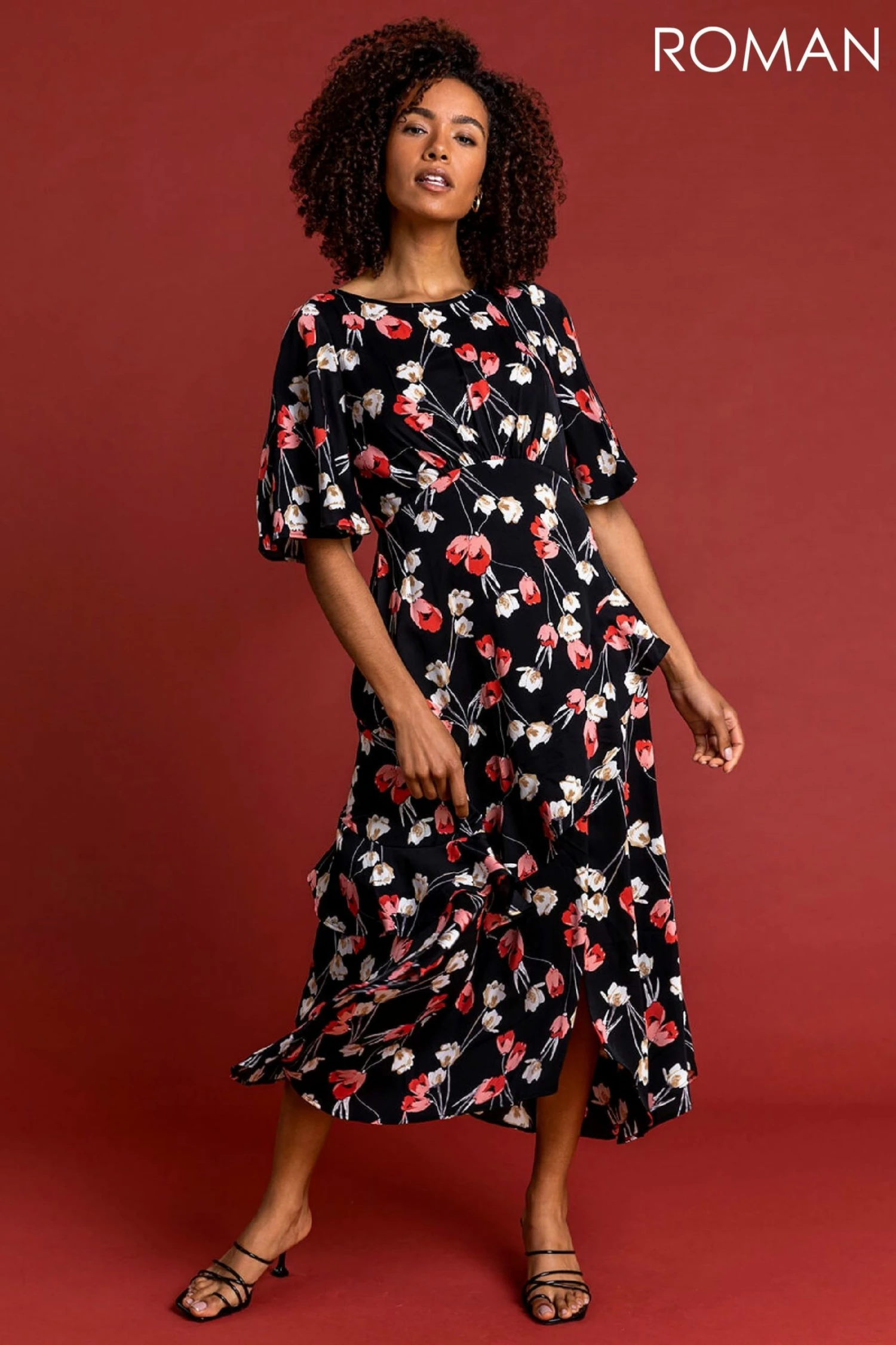 Roman Black Floral Print Chiffon Midi Dress 3 Roman Black Floral Print Chiffon Midi Dress