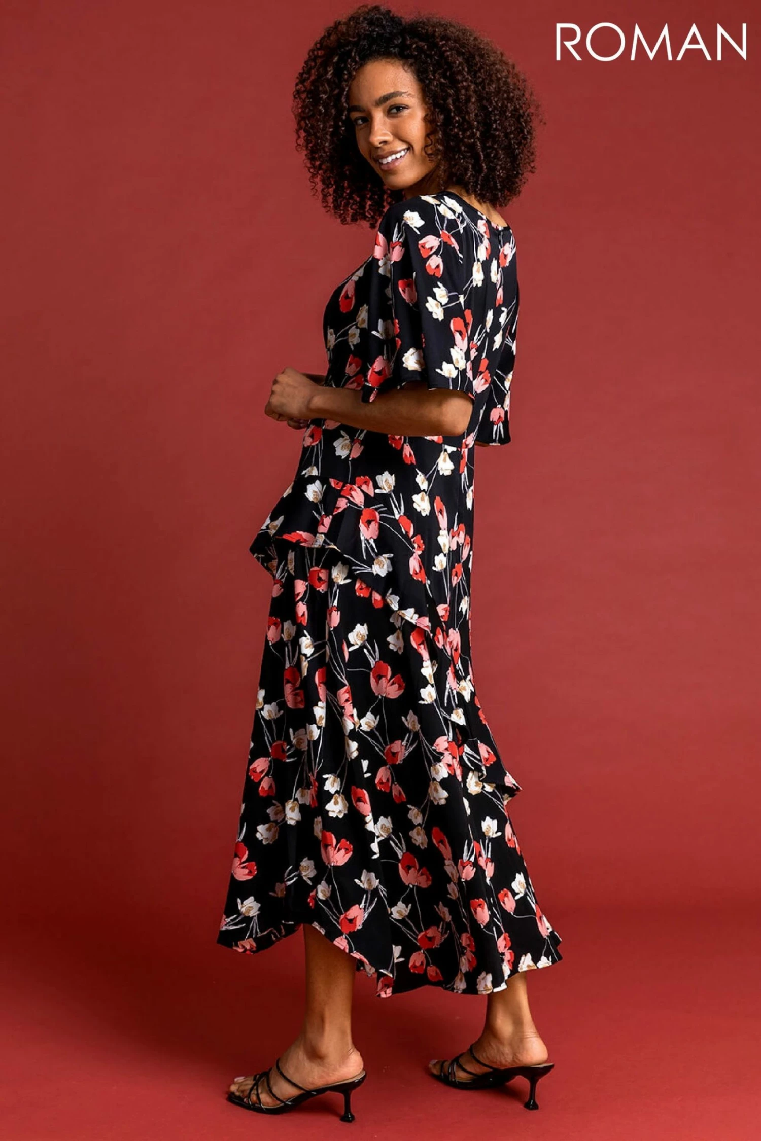 Roman Black Floral Print Chiffon Midi Dress 4 Roman Black Floral Print Chiffon Midi Dress - Image 2