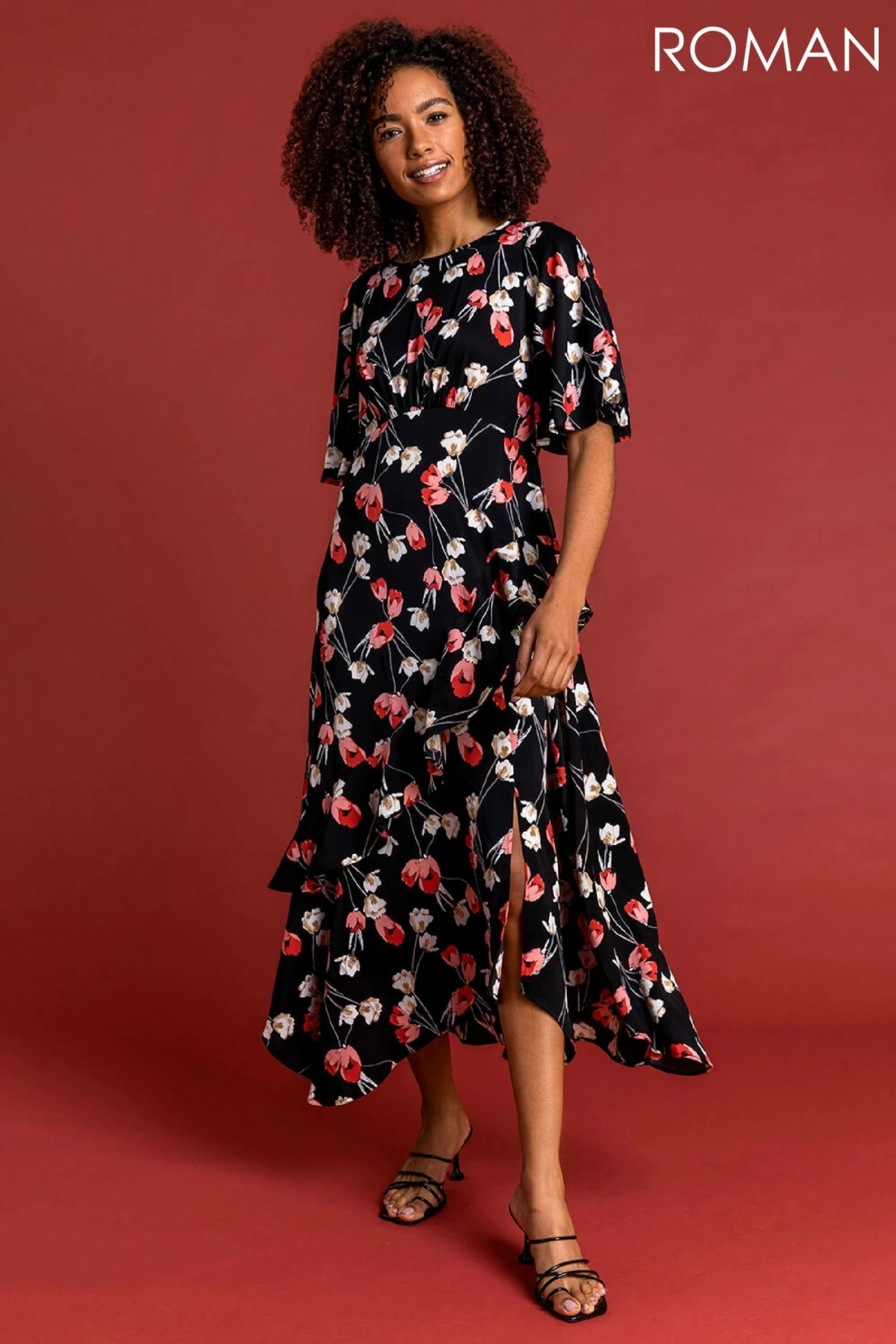 Roman Black Floral Print Chiffon Midi Dress 5 Roman Black Floral Print Chiffon Midi Dress - Image 3
