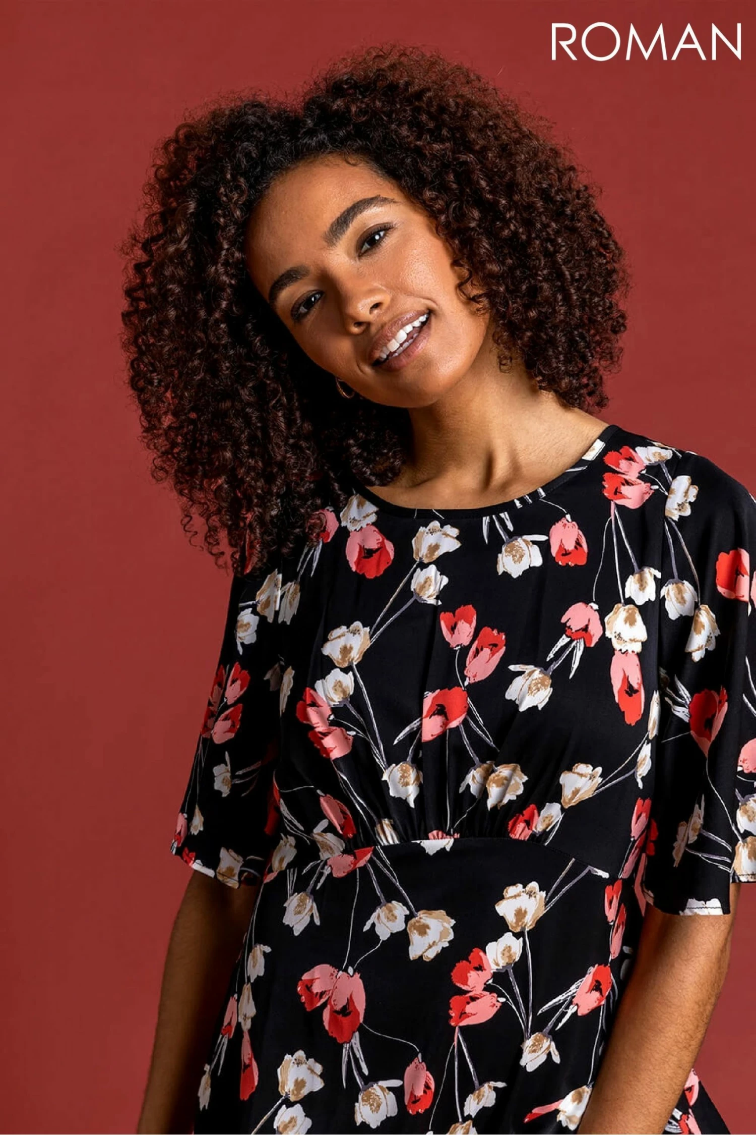 Roman Black Floral Print Chiffon Midi Dress 6 Roman Black Floral Print Chiffon Midi Dress - Image 4