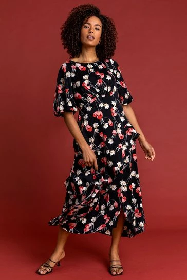 Roman Black Floral Print Chiffon Midi Dress 7 Roman Black Floral Print Chiffon Midi Dress - Image 5