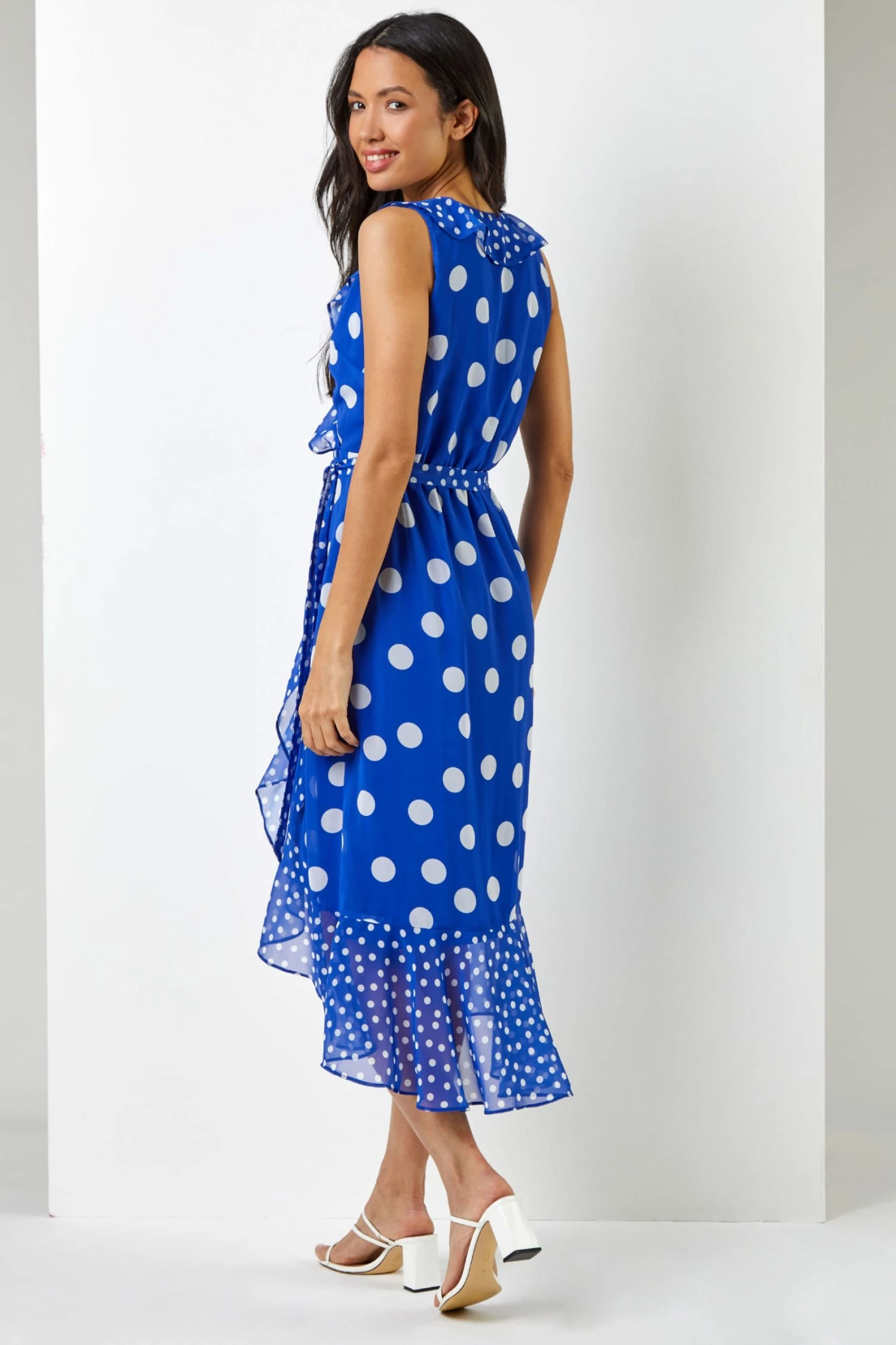 Roman Blue Polka Dot Frill Detail Wrap Dress 4 Roman Blue Polka Dot Frill Detail Wrap Dress - Image 2
