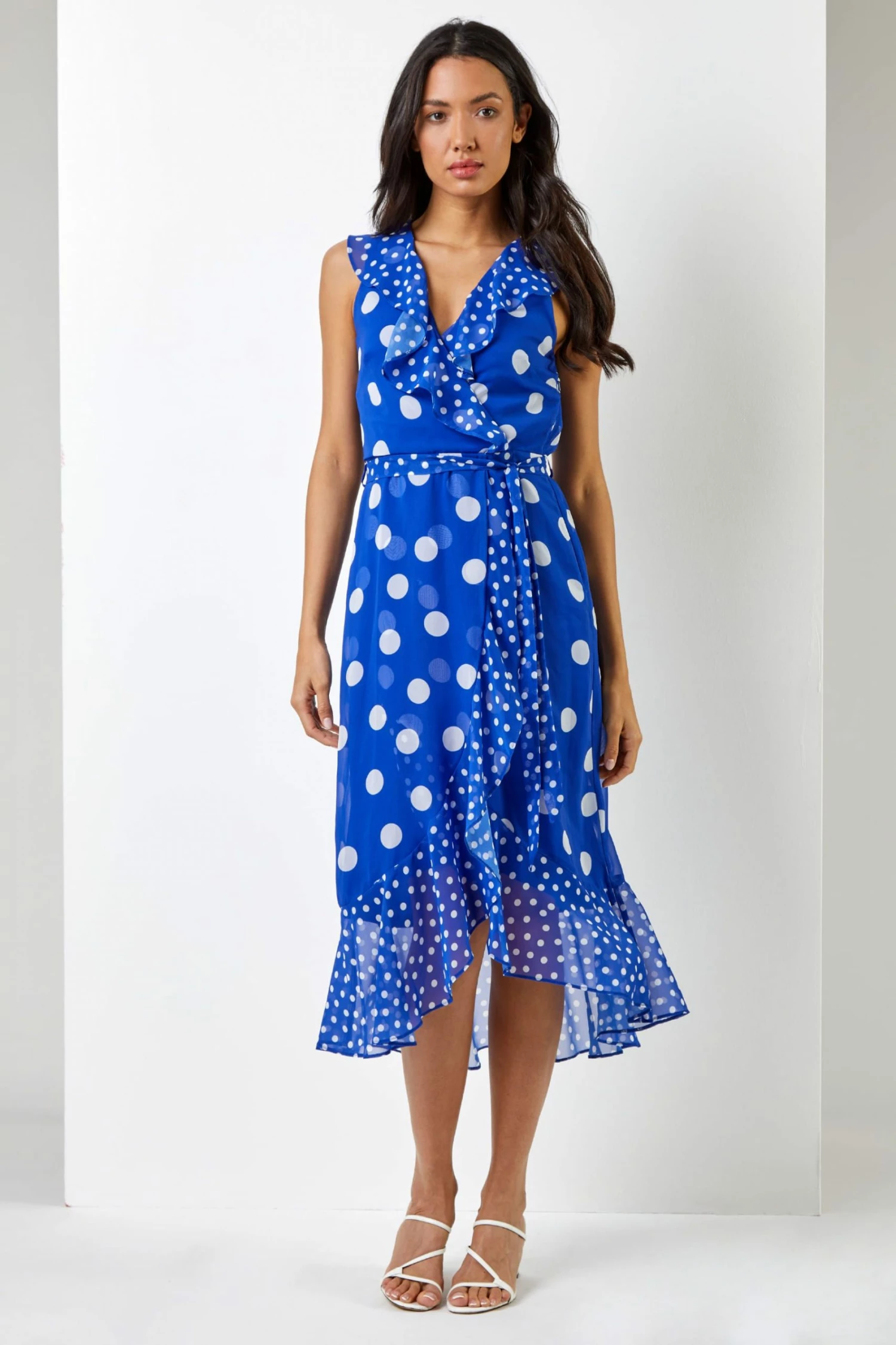 Roman Blue Polka Dot Frill Detail Wrap Dress 5 Roman Blue Polka Dot Frill Detail Wrap Dress - Image 3