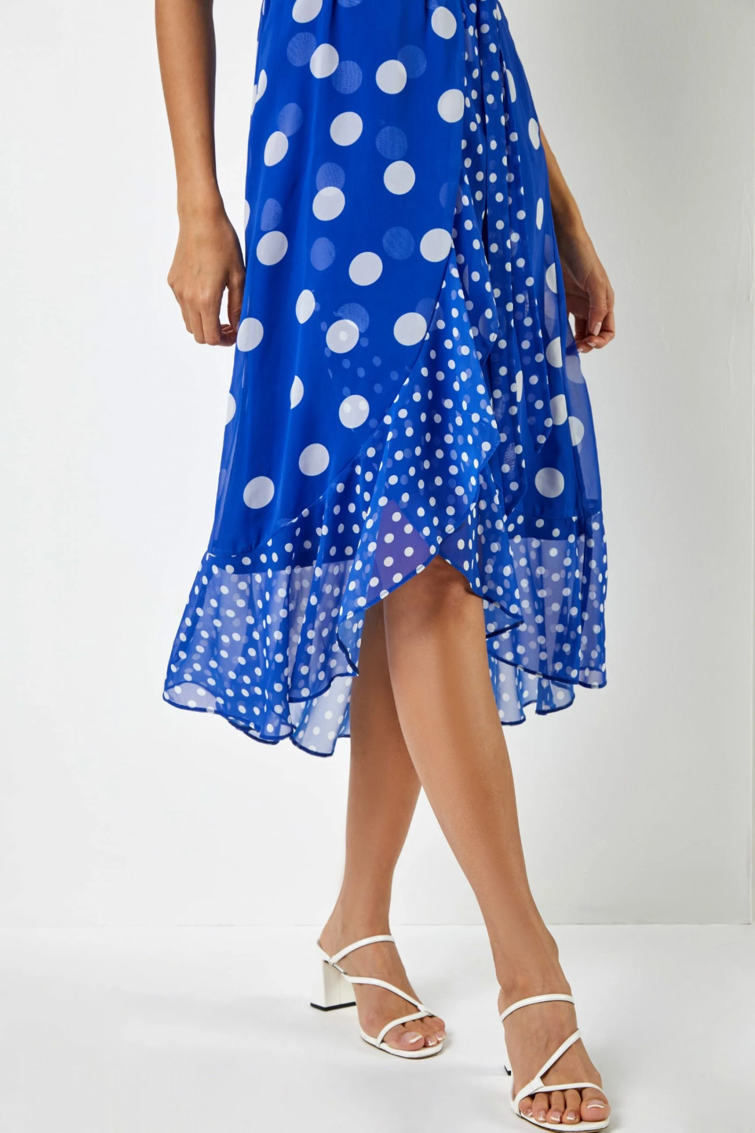 Roman Blue Polka Dot Frill Detail Wrap Dress 7 Roman Blue Polka Dot Frill Detail Wrap Dress - Image 5