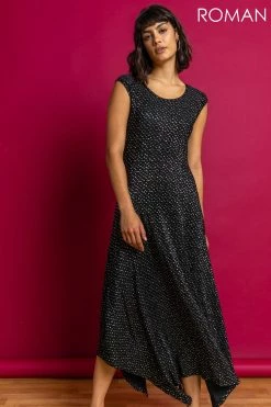 Roman Black Spot Plisse Hanky Hem Midi Dress
