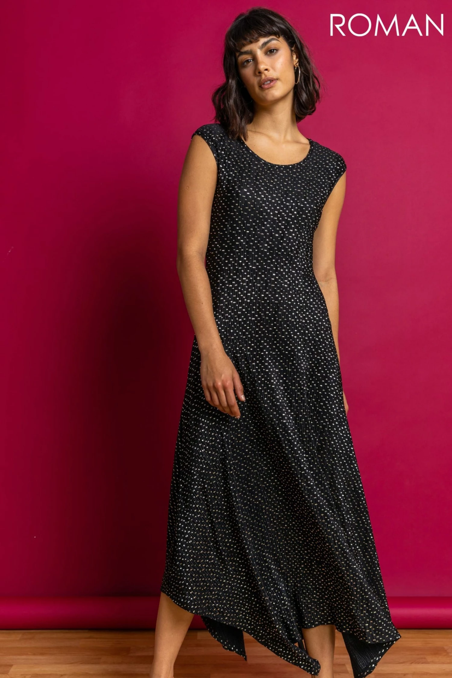 Roman Black Spot Plisse Hanky Hem Midi Dress 3 Roman Black Spot Plisse Hanky Hem Midi Dress