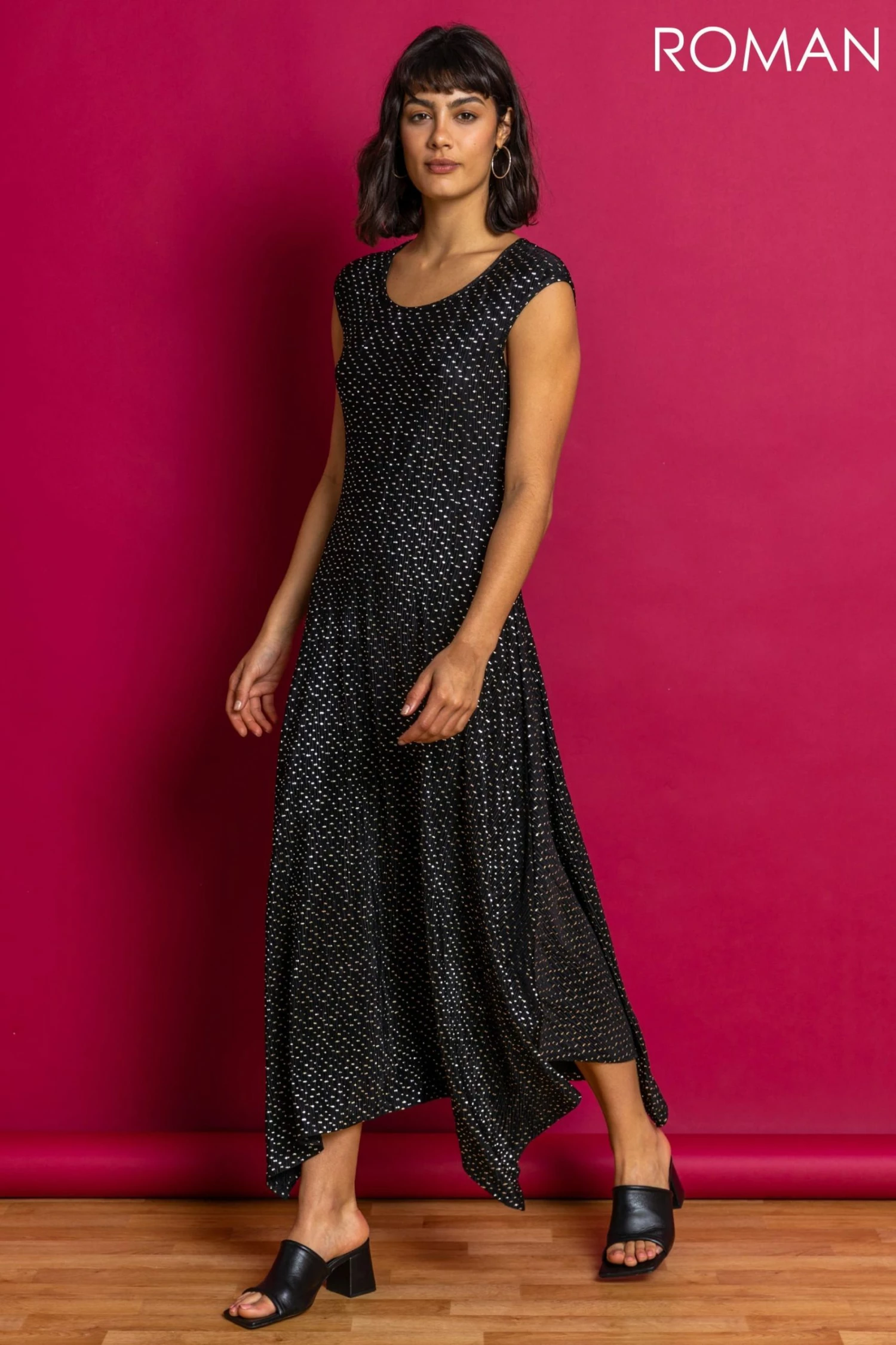 Roman Black Spot Plisse Hanky Hem Midi Dress 5 Roman Black Spot Plisse Hanky Hem Midi Dress - Image 3