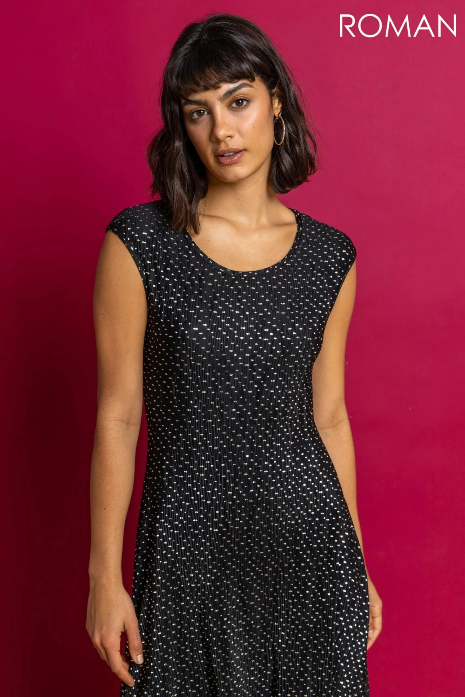 Roman Black Spot Plisse Hanky Hem Midi Dress 6 Roman Black Spot Plisse Hanky Hem Midi Dress - Image 4