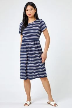 Roman Blue Petite Stripe Print Skater Dress -Roman Sales Shop unnamed file 2780