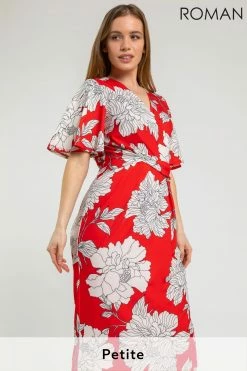 Roman Red Petite Floral Ruched Wrap Dress