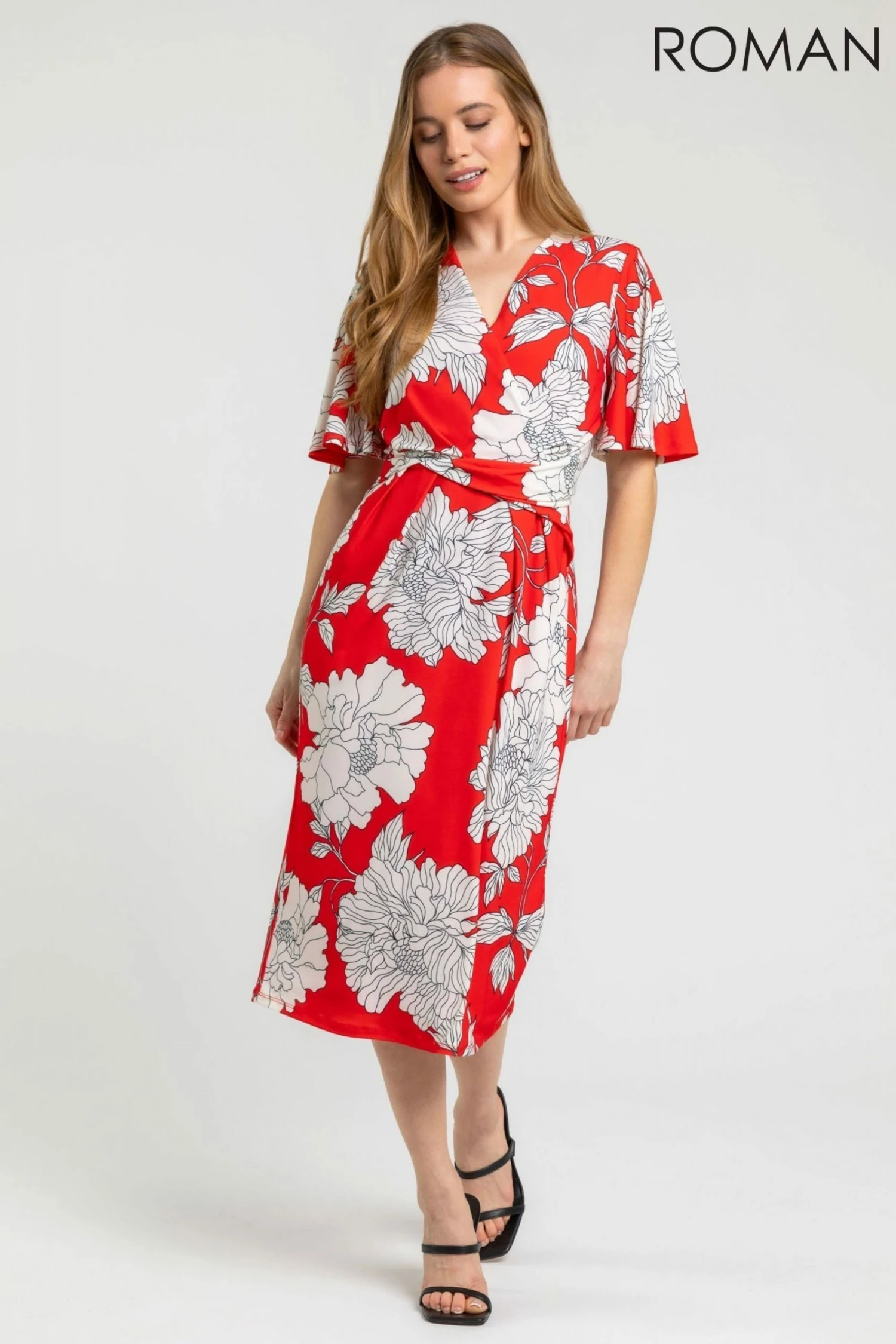 Roman Red Petite Floral Ruched Wrap Dress 5 Roman Red Petite Floral Ruched Wrap Dress - Image 3