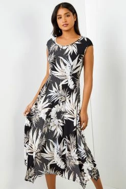 Roman Black Tropical Print Hanky Hem Maxi Dress