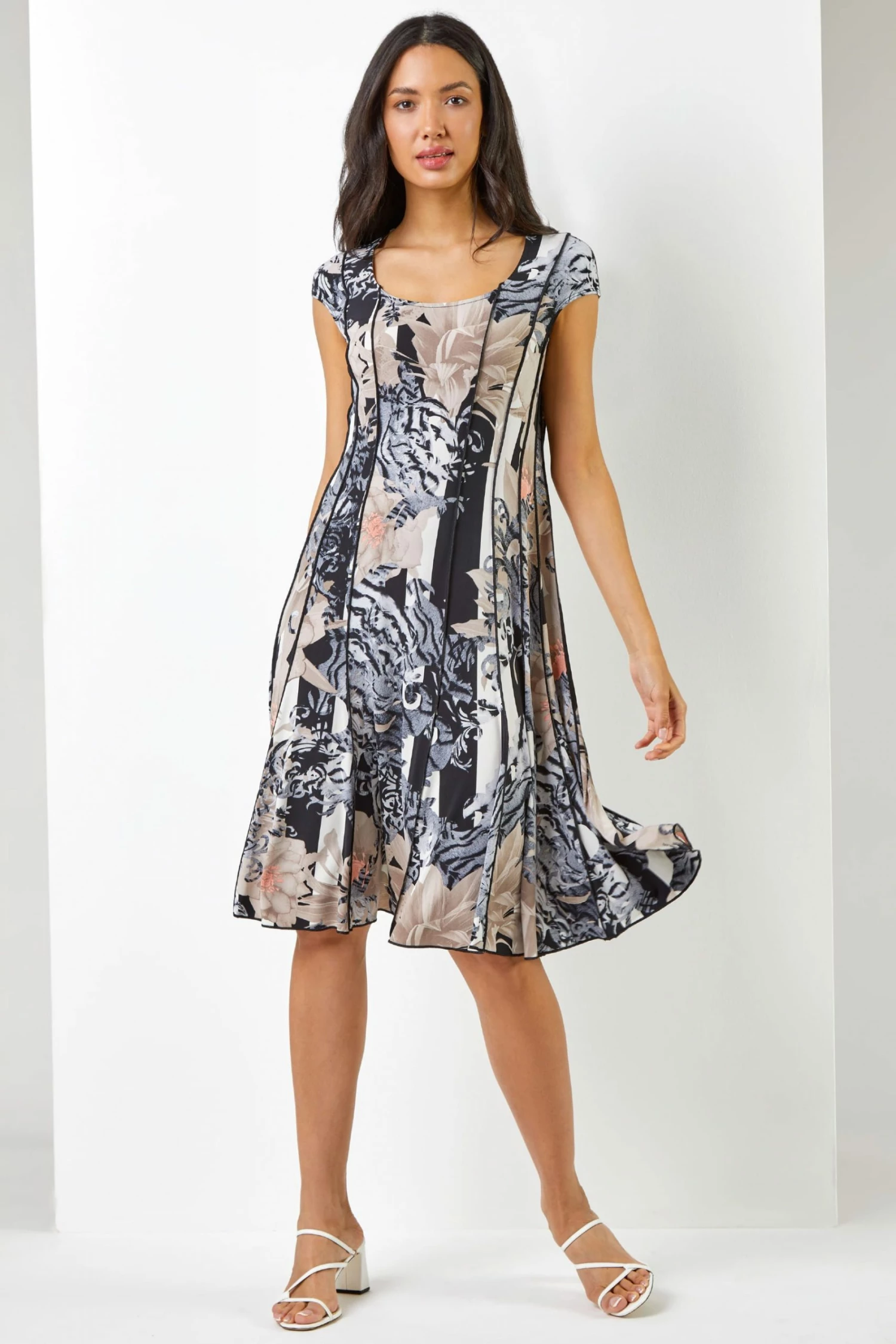 Roman Black Abstract Floral Print Panel Dress 5 Roman Black Abstract Floral Print Panel Dress - Image 3
