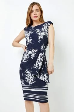 Roman Blue Petite Tropical Print Tie Waist Dress