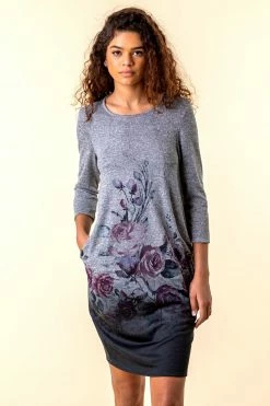 Roman Grey Floral Border Print Slouch Dress