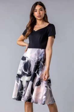 Roman Black Floral Print Fit & Flare Dress