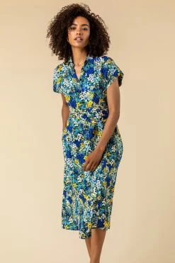 Roman Blue Contrast Floral Print Shirt Dress