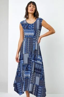Roman Blue Patchwork Print Hanky Hem Dress