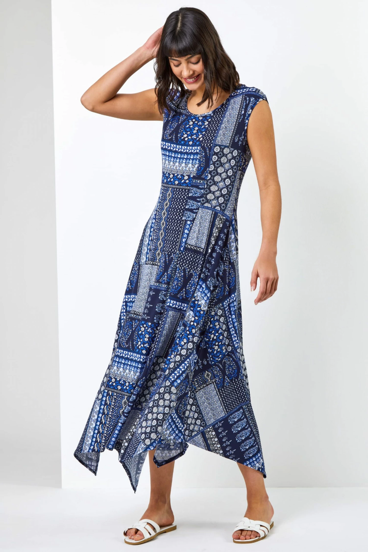 Roman Blue Patchwork Print Hanky Hem Dress 4 Roman Blue Patchwork Print Hanky Hem Dress - Image 2