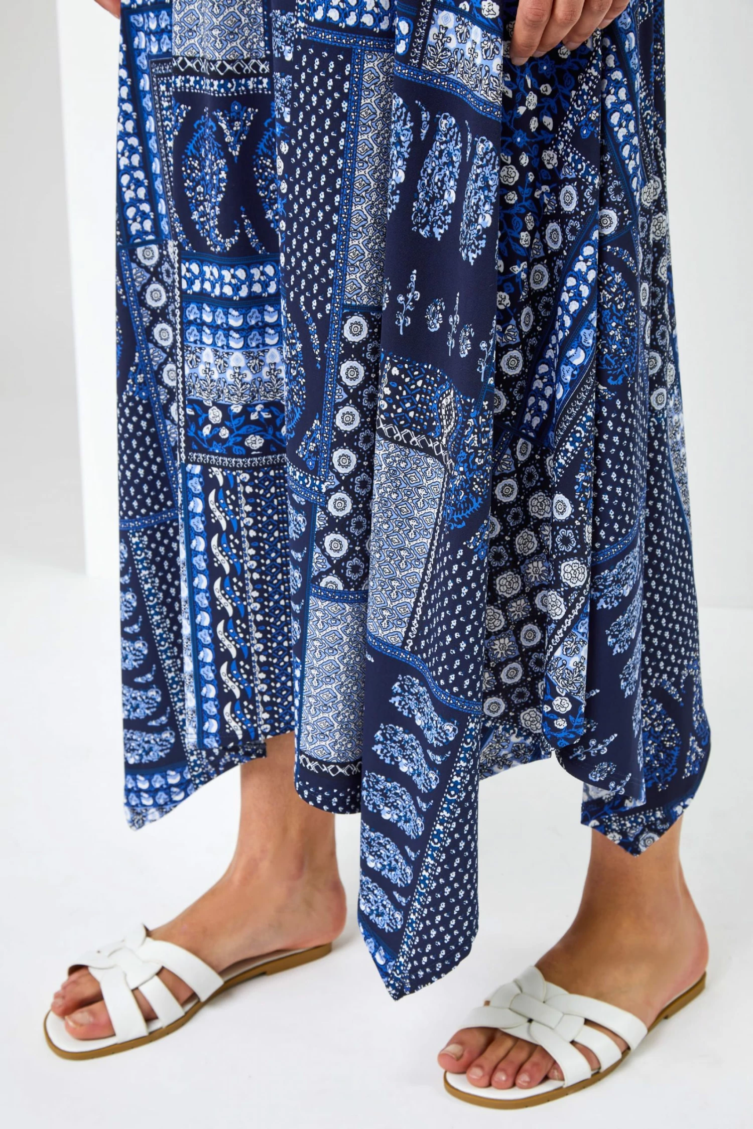 Roman Blue Patchwork Print Hanky Hem Dress 6 Roman Blue Patchwork Print Hanky Hem Dress - Image 4