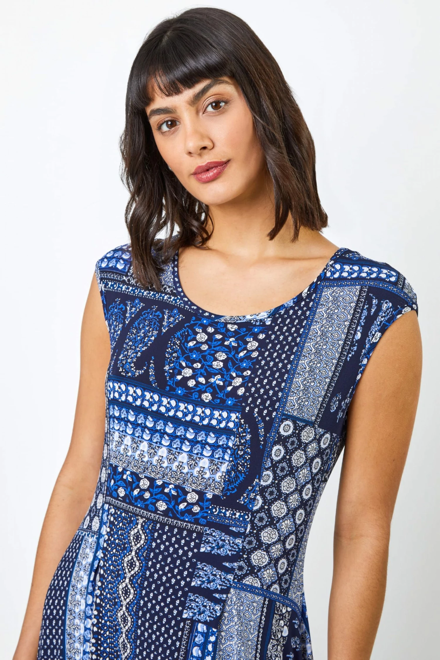 Roman Blue Patchwork Print Hanky Hem Dress 7 Roman Blue Patchwork Print Hanky Hem Dress - Image 5