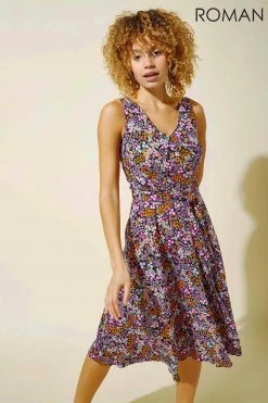 Roman Purple Ditsy Floral Belted Tea Dress