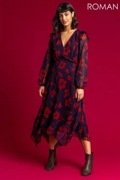 Roman Purple Floral Print Chiffon Midi Dress