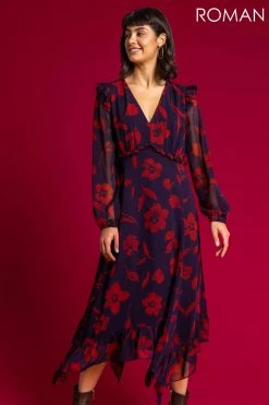 Roman Purple Floral Print Chiffon Midi Dress -Roman Sales Shop unnamed file 2847