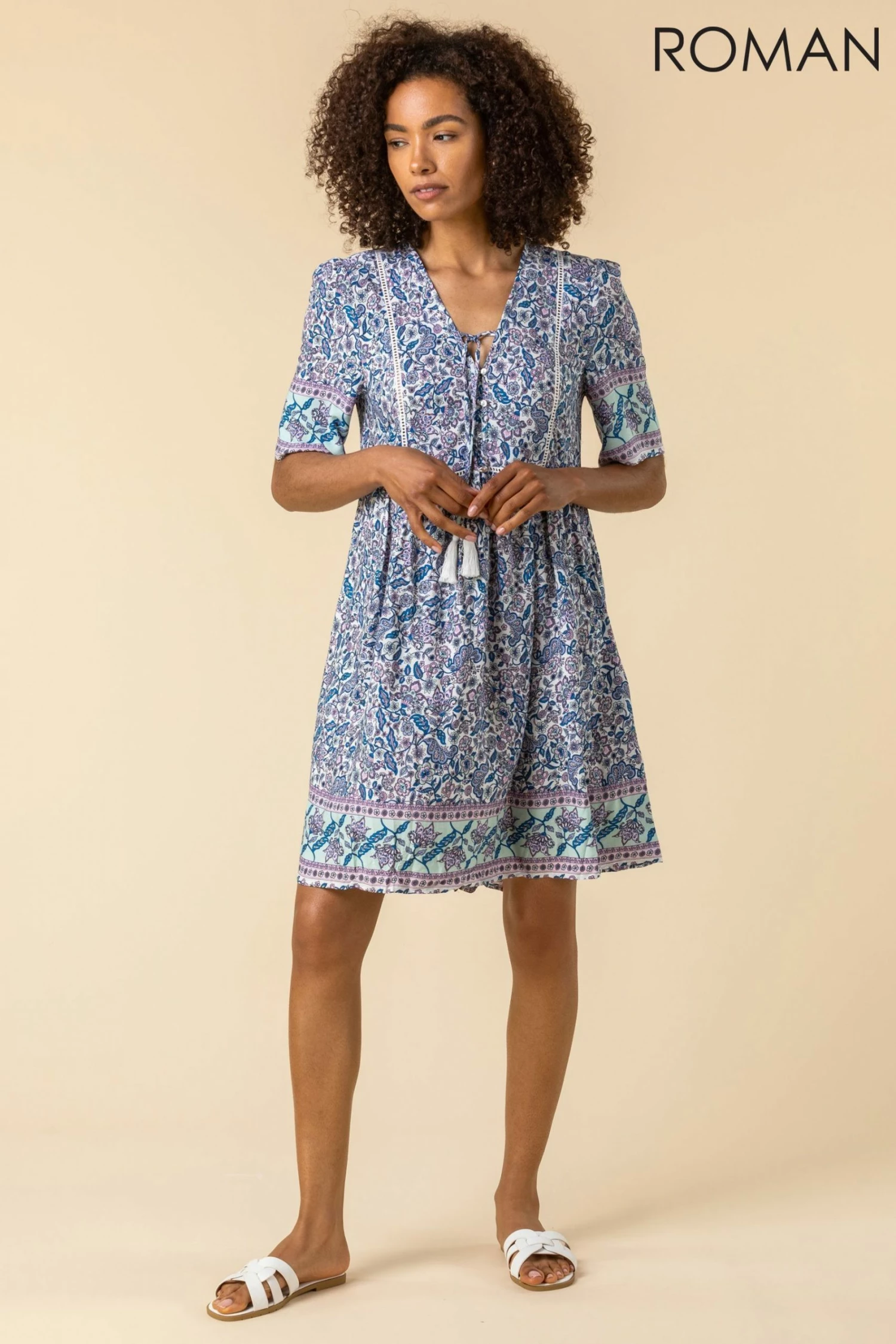 Roman Blue Tassel Detail Floral Print Smock Dress 4 Roman Blue Tassel Detail Floral Print Smock Dress - Image 2