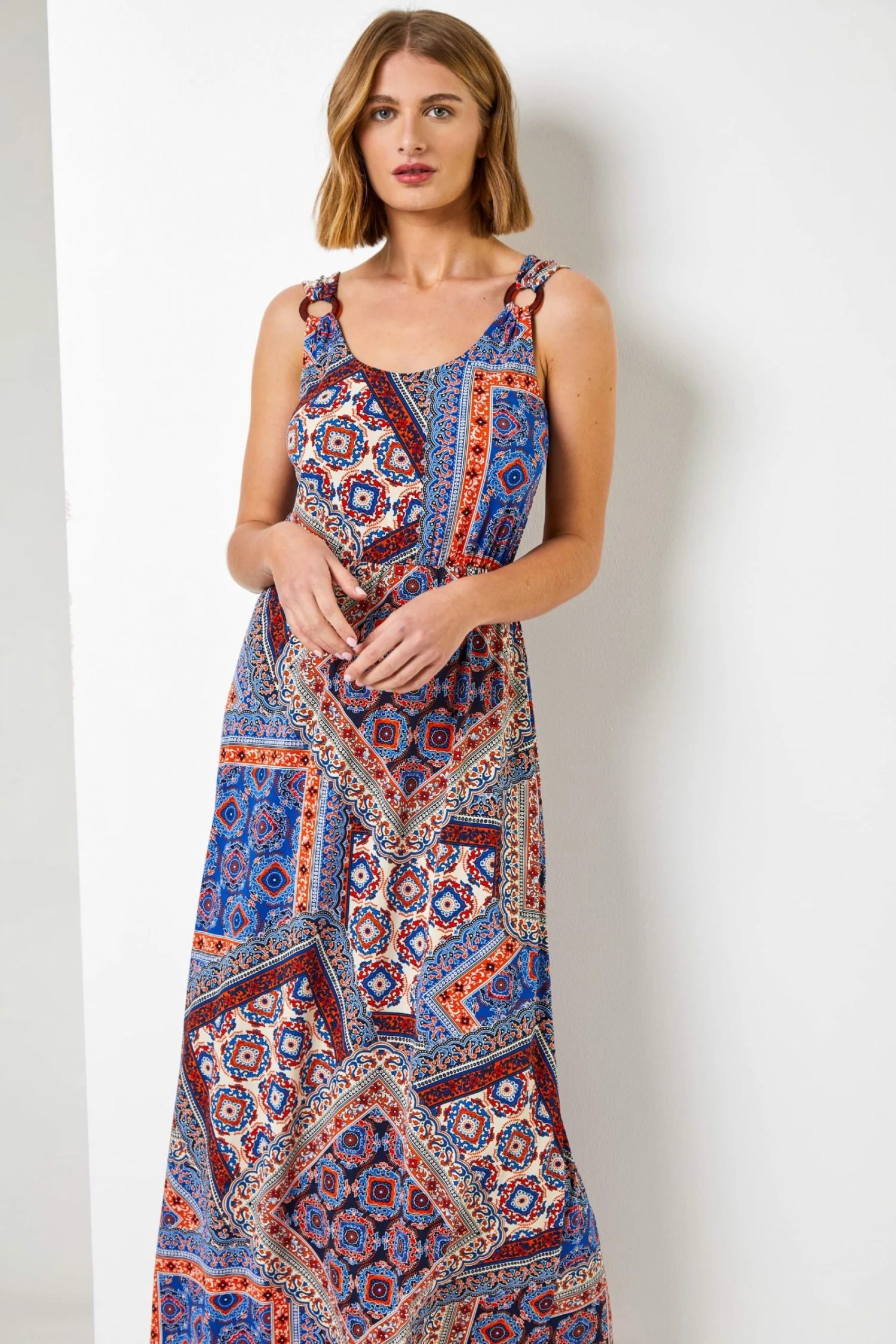 Roman Blue Geo Print Ring Detail Maxi Dress 3 Roman Blue Geo Print Ring Detail Maxi Dress